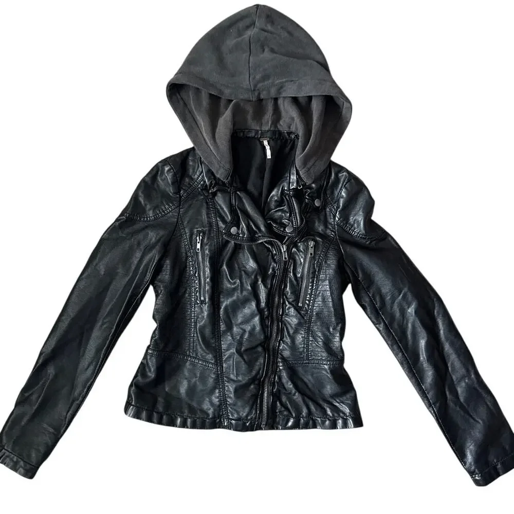 Free People Cleo Vegan Leather Moto Hooded Jacket‎ Black Size 8